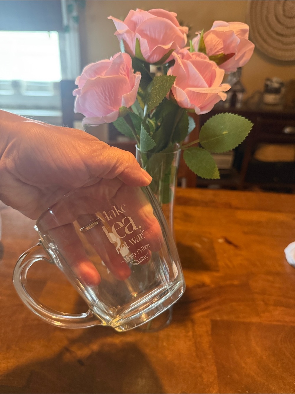 Teavana Monty Python Glass Mug “Make Tea Not War”